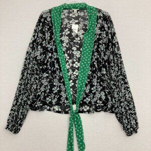 New Cato Black Green Floral Tie Front Long Sleeve Chiffon Feminine Duster Top XL